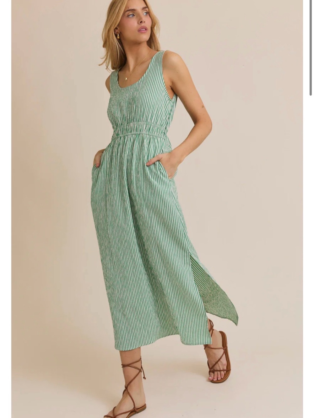 Gilli Green and White Striped Sleeveless Dress
